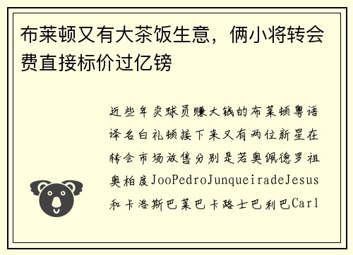 布莱顿又有大茶饭生意，俩小将转会费直接标价过亿镑