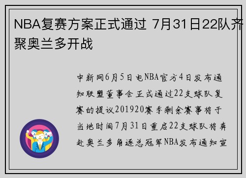 NBA复赛方案正式通过 7月31日22队齐聚奥兰多开战
