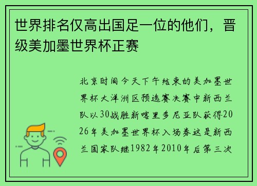 世界排名仅高出国足一位的他们，晋级美加墨世界杯正赛