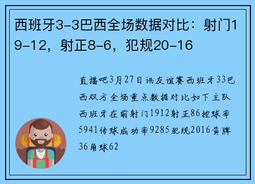 西班牙3-3巴西全场数据对比：射门19-12，射正8-6，犯规20-16
